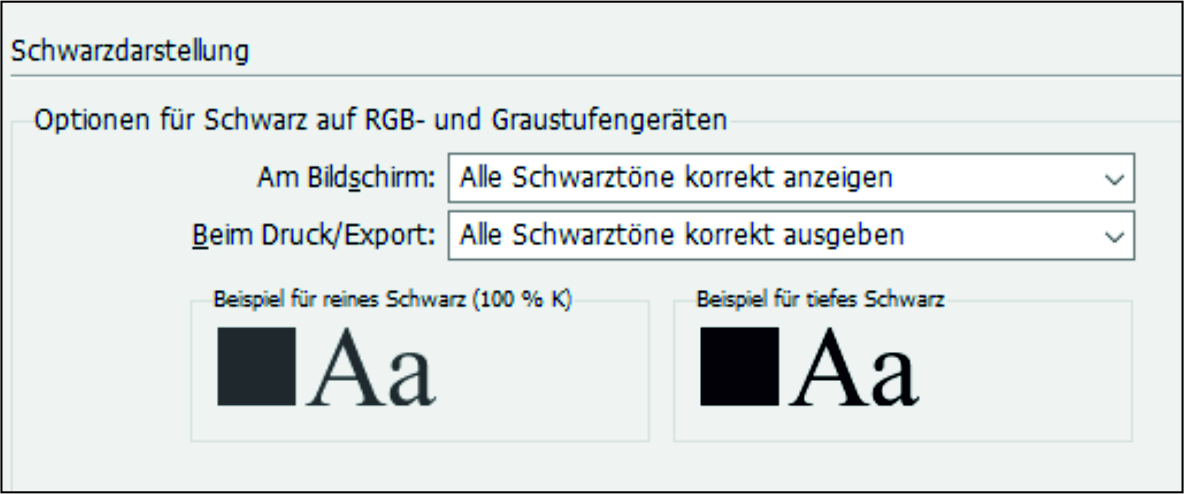 Screenshot der InDesign-Schwarzdarstellung mit Optionen zur korrekten Anzeige und Ausgabe von reinen und tiefen Schwarztönen.