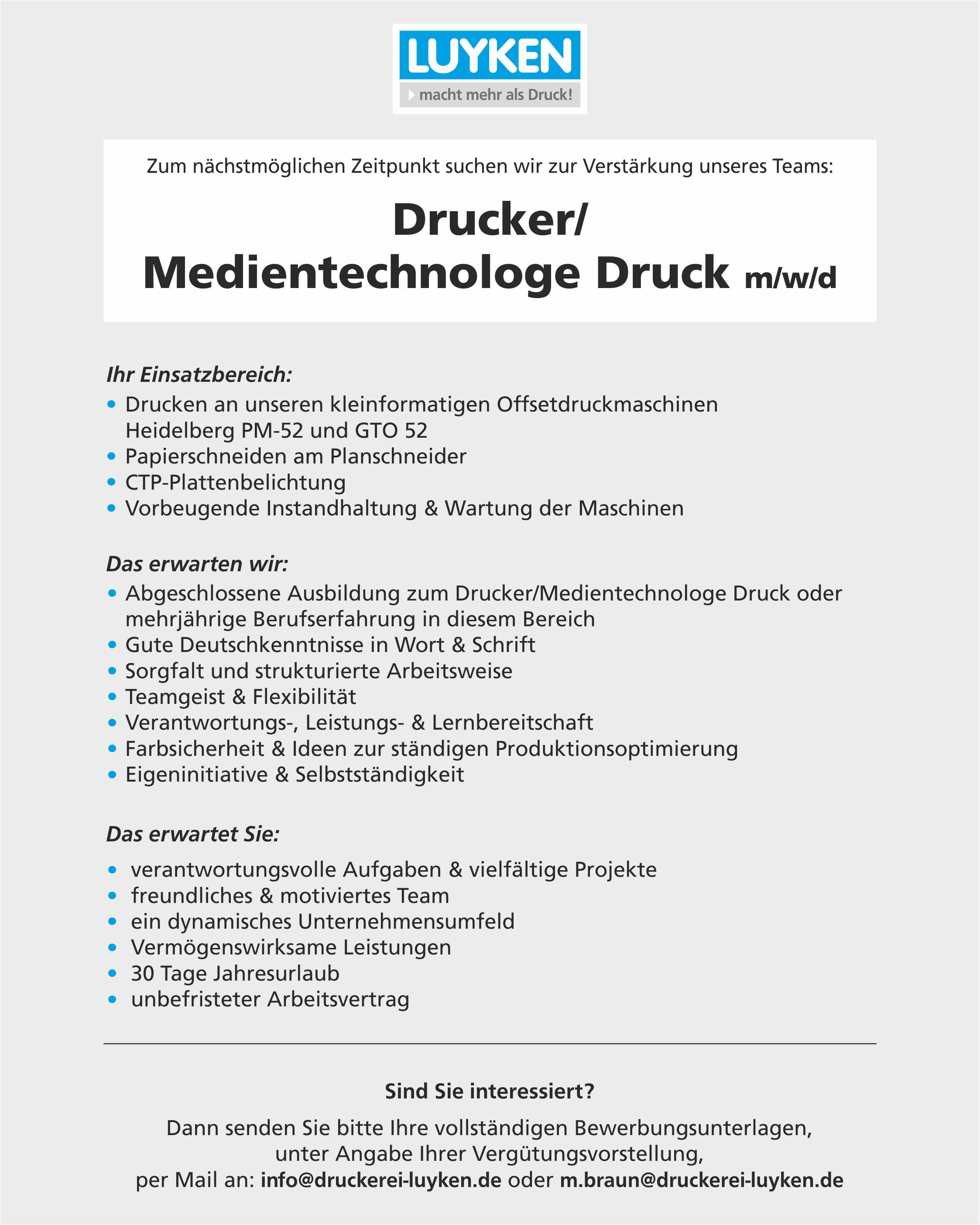 Drucker / Medientechnologe Druck, Fachrichtung Flachdruck/Bogenoffsetdruck